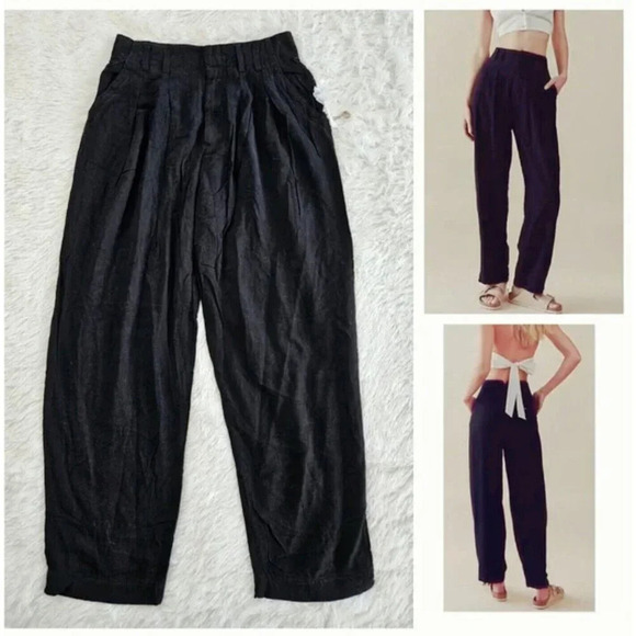Free People Lotta Love Linen Trouser Black Wide Leg Lightweight size 4 NWT - Picture 1 of 10